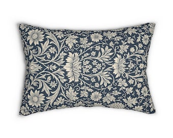 William Morris Blue Floral Lumbar Throw Pillow 14x20 Decorative Cushion, Victorian Decor Housewarming Gift Shabby Chic Bedroom Home Accent