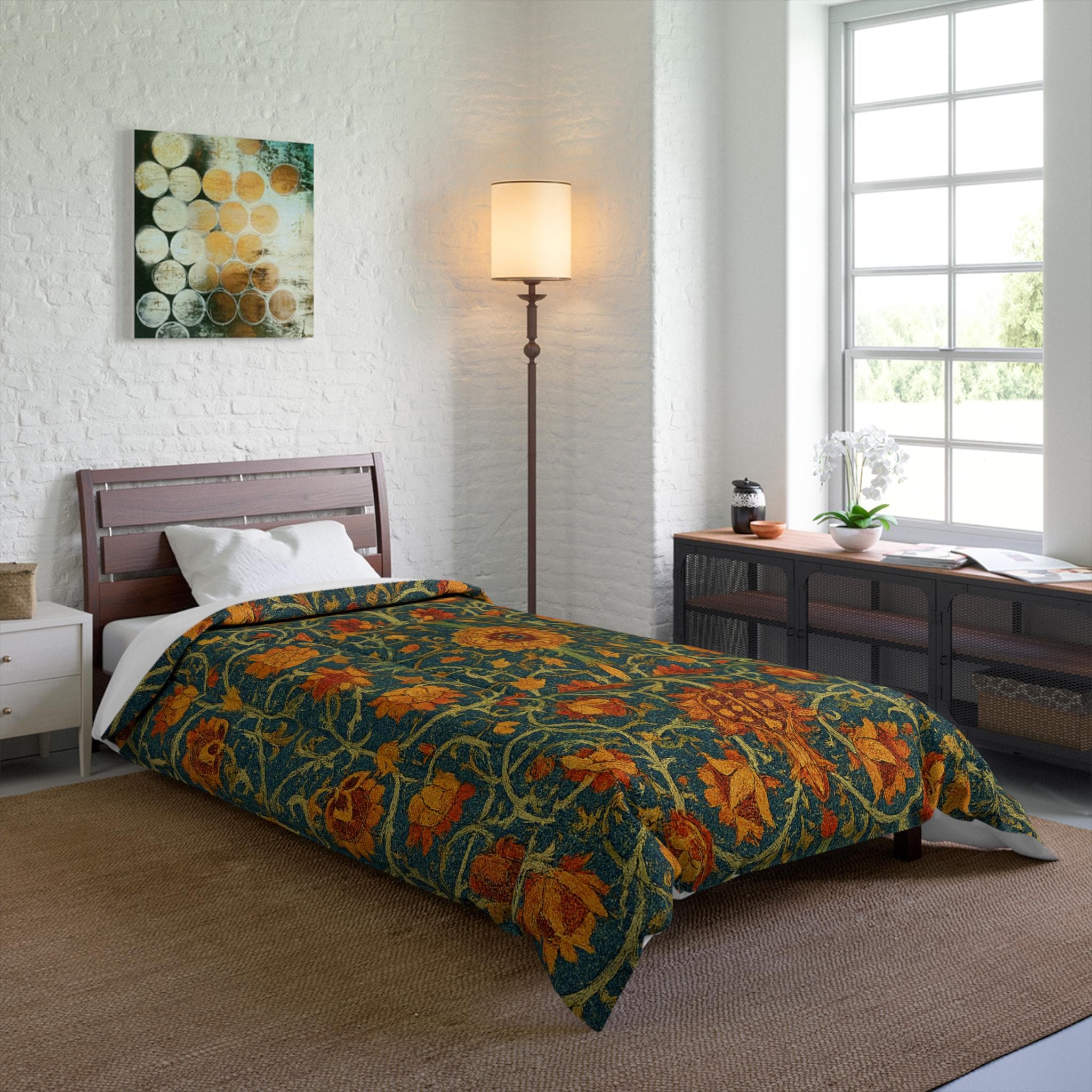 William Morris Rich Green Orange Floral Comforter Set Separates