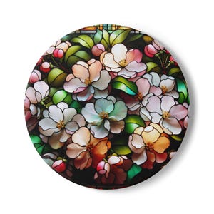 Apple Blossoms Stained Glass Floral Design Ceramic Coaster, Vintage Style, Hot Cold Mug Rest, Gift for Garden Lovers, Spring Summer Vibes