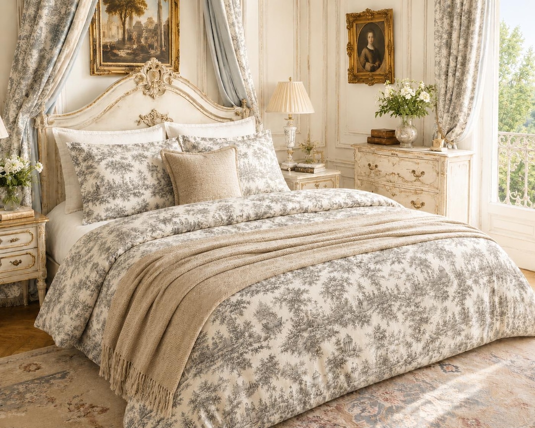 Black White French Toile Duvet Cover Set Shabby Chic Decorative