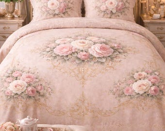 Set copripiumino Chateaucore con peonie e rose rosa tenue, biancheria da letto in stile vintage floreale shabby chic vittoriano matrimoniale king size singolo romantico francese