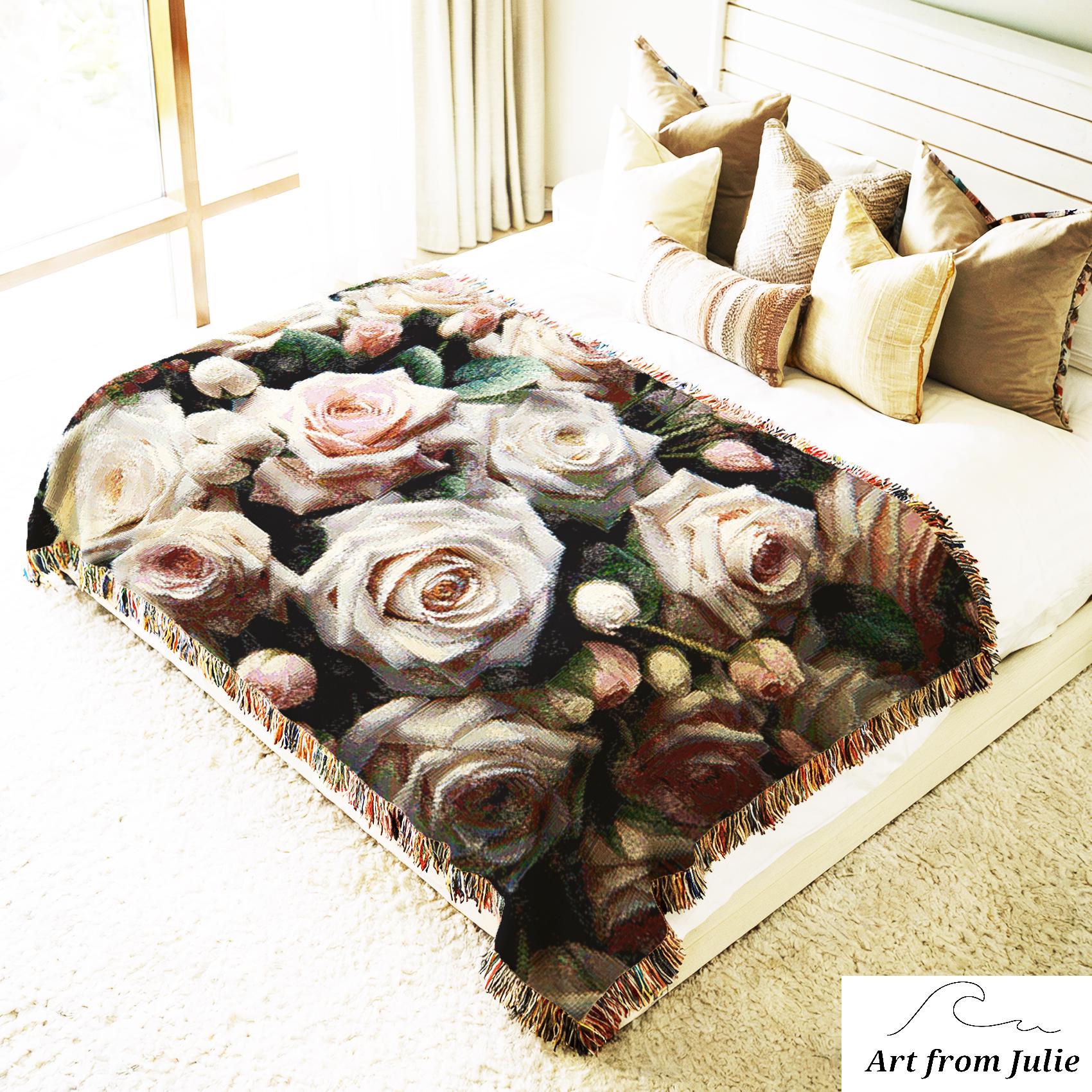 Pink Roses Woven Throw Blanket, Elegant Rose Quilt, Cottagecore