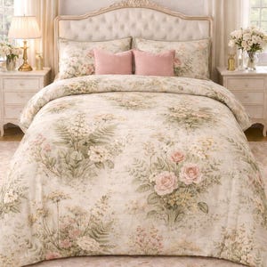May include: A cream-coloured floral bedding set with a duvet cover and pillowcases adorned with pink roses and green foliage. Two pink cushions sit on the bed. The bed has a tufted headboard and is in a bright bedroom setting.