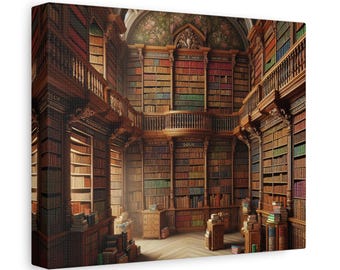 Library Wall Art Canvas, Elegant Home Decor, Book Lovers Gift, Vintage Library Print, Cozy Study Room Decor, Reading Nook Artwork