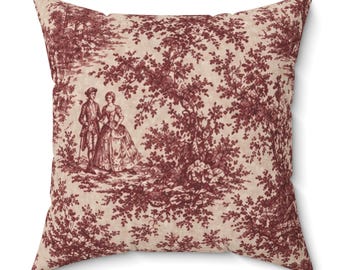 Cojín decorativo cuadrado de poliéster con relleno y funda, estilo Toile de Jouy, color rojo burdeos.