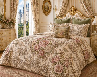Chateaucore Vintage Rose Toile de Jouy Oeko-Tex Cotton Comforter, loral toile bedding, shabby chic duvet cover