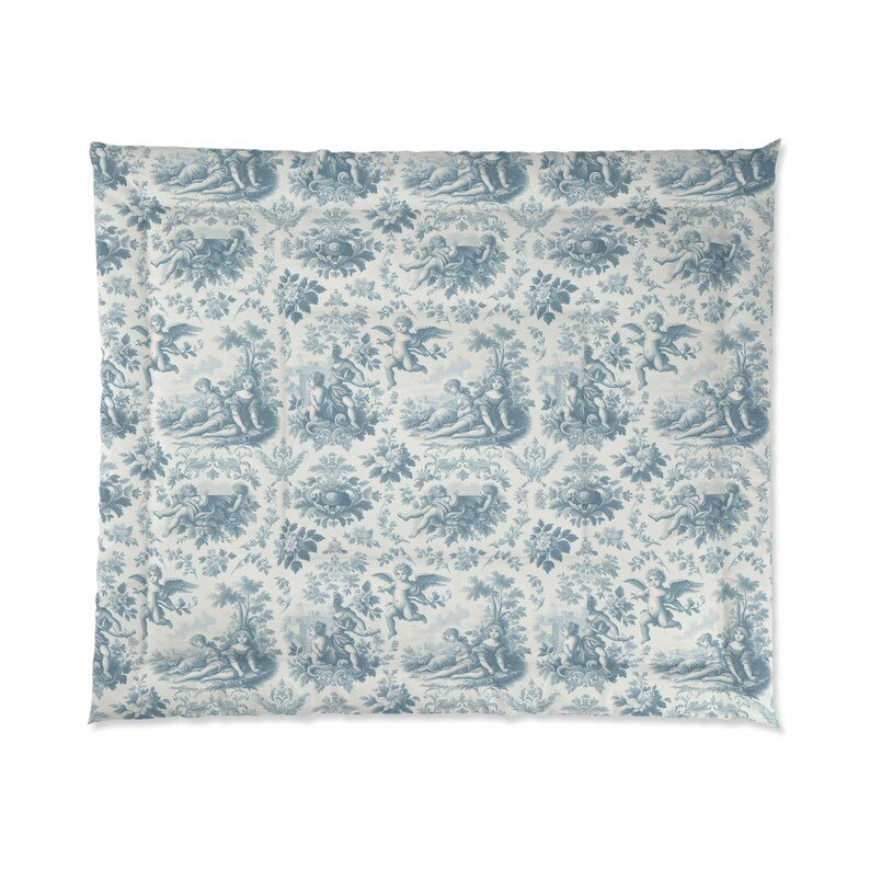 Elegante edredón floral francés Blue Angels, ropa de cama de estilo vintage, estilo shabby chic, decoración victoriana estilo cottagecore, tamaño queen, king y twin. imagen 3