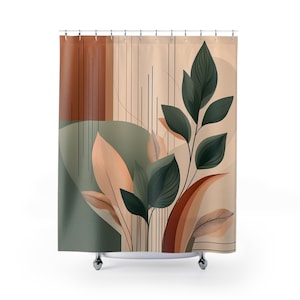 Duschvorhang mit botanischem Design: Geometrische Linien, Salbeigrün & Terrakotta