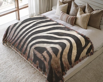 Woven Throw Blanket - Zebra Skin Stripes Modern Geometric Luxury Decor, Gift for Mom Dad, Textile Wall Art Chic Tapestry, Modern Zebra Quilt