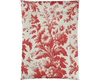 Elegant Pink Red Flower French Toile Floral Comforter, Vintage Style Bedding, Shabby Chic, Victorian Cottagecore Queen King Twin Size Decor