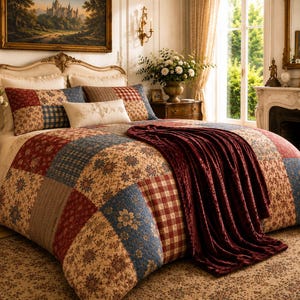 May include: A patchwork quilt featuring a variety of square patterns in shades of deep red, navy blue, and beige with floral and plaid motifs. A solid dark red velvet throw blanket is draped across the foot of the bed, which has two matching pillows.