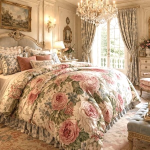 May include: A bedroom with a floral duvet cover with large pink roses. The bed is dressed with various pillows in pink and blue hues. A chandelier hangs from the ceiling, and the room has ornate decorative elements.