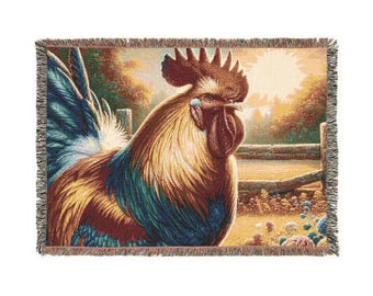 Rustic Rooster Woven Blanket, Farmhouse Decor, Chicken Chair Throw, Wall Art Tapestry, Country Textile, Gift for Mom, Gift for Her