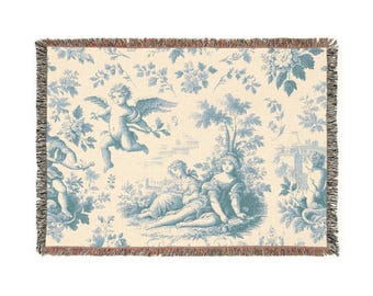 Blaue Französische Toile Cherubs Gewebte Decke Vintage Wohndekor Viktorianische Decke, Geschenk für Sie, Landhaus Quilt Tapisserie Textil Shabby Chic