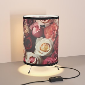 Victorian Red Roses Tripod Lamp, Cottagecore Shabby Chic Desk Side Table Lighting Shade, Bedside Lighting Night Light, Country Cottage