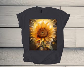 Camiseta retro de girasoles y sol dorado, colores amarillos cómodos, camiseta vintage de girasoles, camiseta boho floral, regalos botánicos para mamá