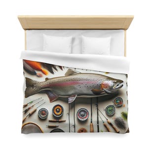 Fish Fly Fishing Duvet Cover Rustic Camp Cabin Decorative Fisherman Fishermen Country Bedding Decor Gift for Housewarming Him Dad Gift