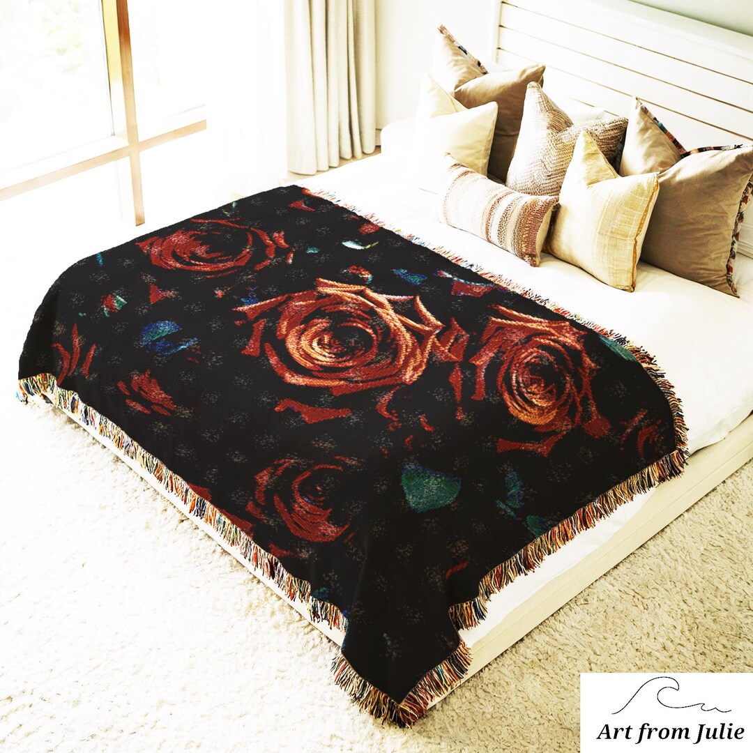 Red Roses Woven Throw Blanket, Elegant Dark Rose Quilt, Cottagecore ...