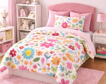 Colorful Floral Comforter Set, Country Cottage Style Bedding, Farmhouse Cottagecore Queen King Twin XL Decor Girls Bedroom Bedspread