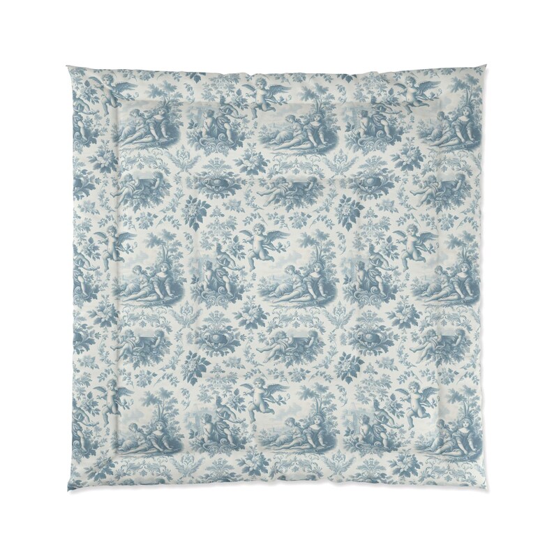 Elegante edredón floral francés Blue Angels, ropa de cama de estilo vintage, estilo shabby chic, decoración victoriana estilo cottagecore, tamaño queen, king y twin. imagen 2
