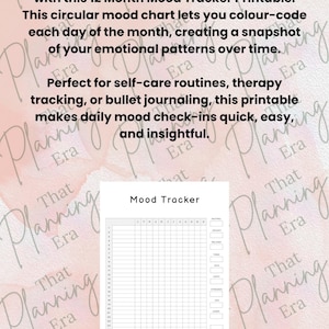 May include: A printable 12-month mood tracker with a grid for daily check-ins. The chart allows for color-coding to visualize emotional patterns. Text on the image says "Mood Tracker".
