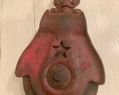 iron pulley, large antique pulley,original red paint, star cutout, starline steampunk,industrial