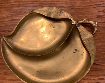 Vintage brass leaf tray, divided tray, fall decor