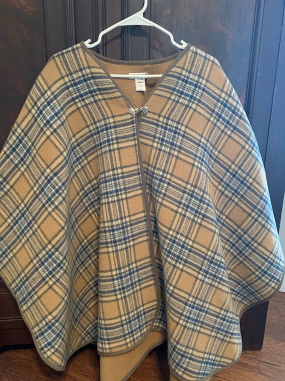 Merino wool Pendleton poncho, plaid wood poncho, v