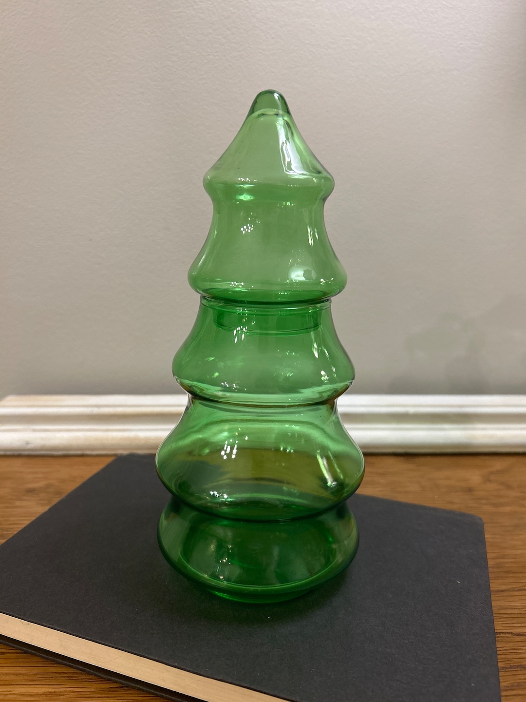 Vintage Libby Green Glass Christmas Tree Candy Container, Vintage