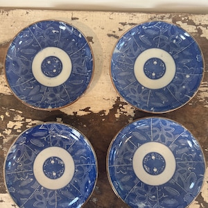 Set of 4, vintage Japanese blue and white plates