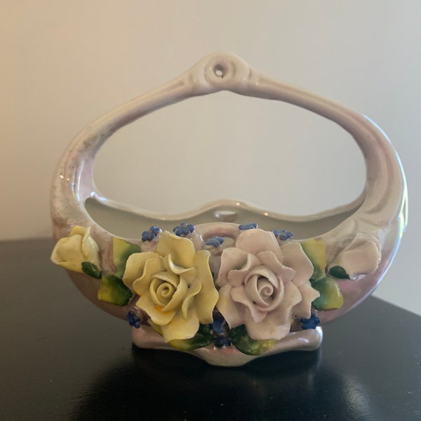 Beautiful Miniature Lustreware Elfinware White Rose Porcelain Basket Floral Motif Made in Germany