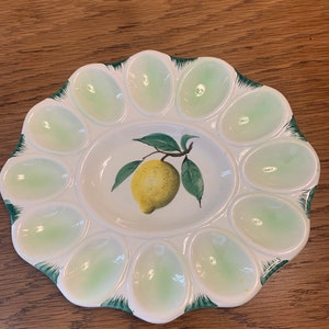 Vintage hand painted egg plate made in Italy, lemon design egg plate