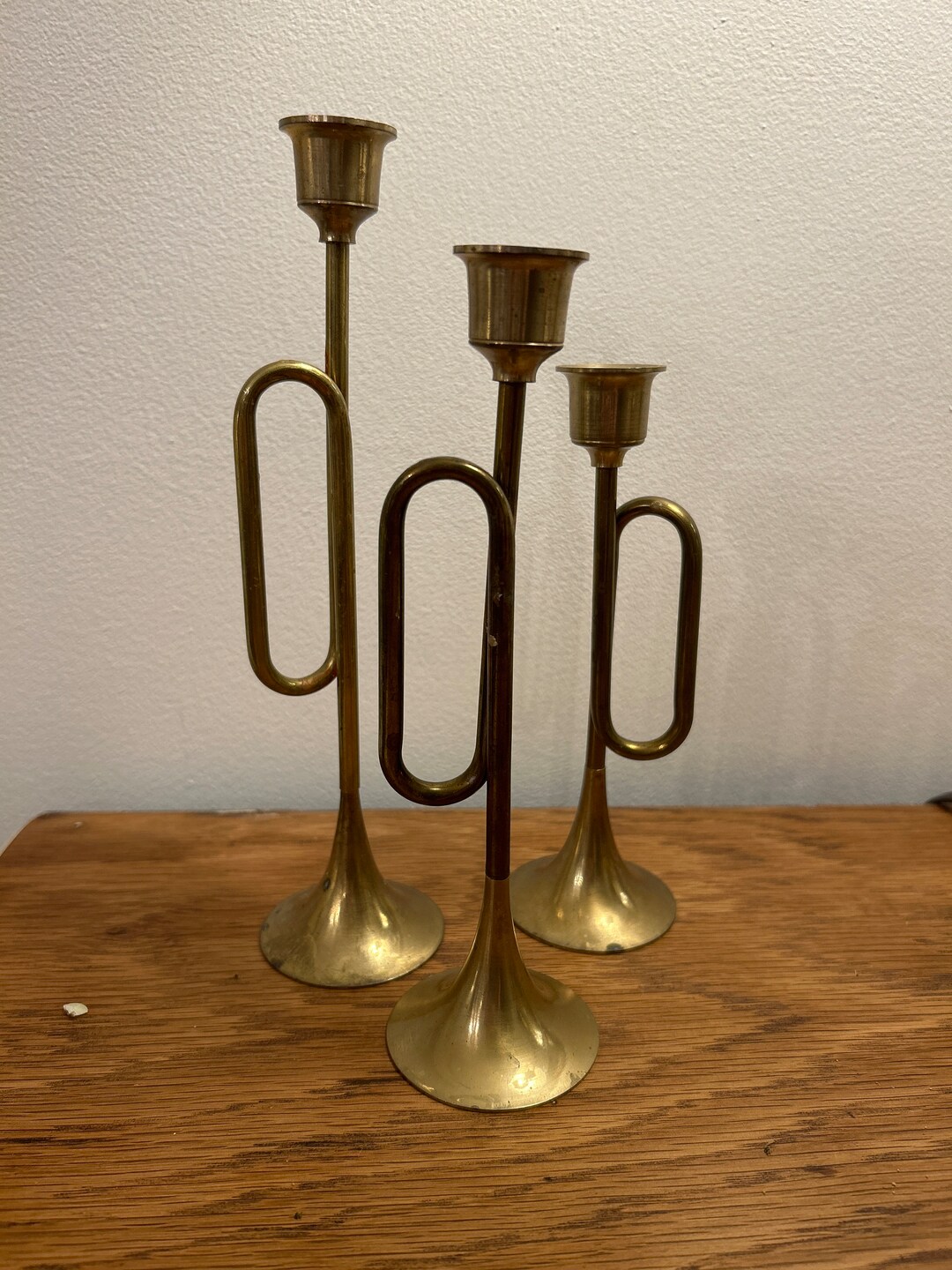 Set of Three Brass Horn Candle Holders , Vintage Brass Christmas