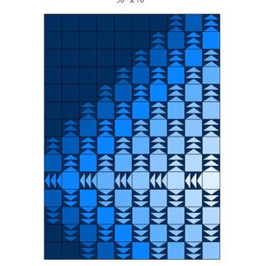 May include: A quilt pattern called "Ripple Effect" with a blue and white color scheme. The pattern is made up of squares and triangles, and it creates a ripple effect. The quilt is 50 inches by 70 inches.