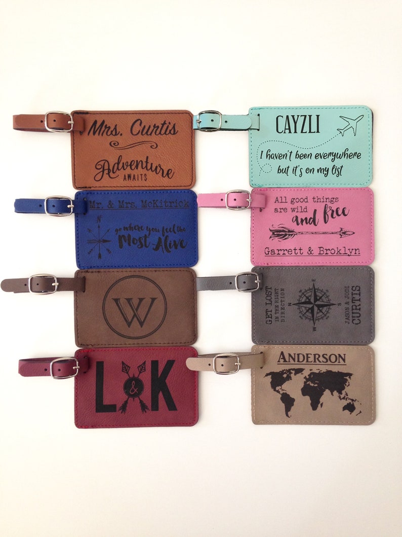 Personalized Leather Luggage Tag Rose Blue Brown Gray Pink Saddle Tan