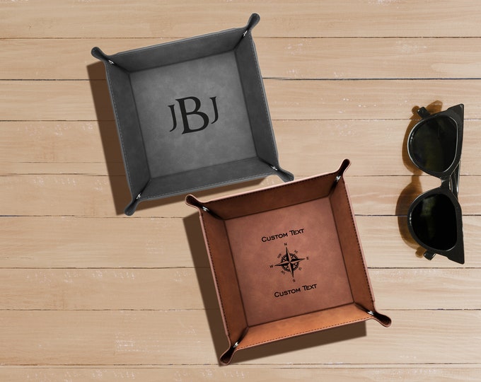 Personalized Monogrammed Engraved Leather Valet Catchall Tray For Men