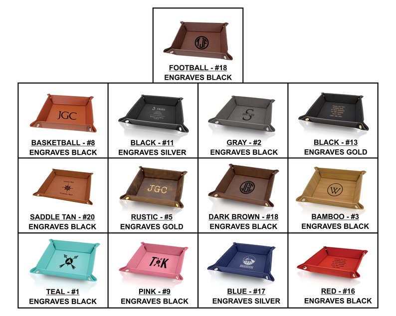 May include: A collection of personalized leather valet trays in various colors, including brown, black, gray, teal, pink, and red. Each tray features custom engraving, with options like initials, names, or symbols. The trays are ideal for organizing small items.