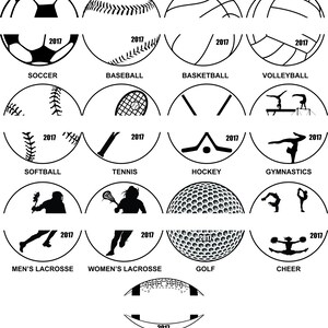 May include: Black and white illustrations of various sports, including soccer, baseball, basketball, volleyball, softball, tennis, hockey, gymnastics, men's lacrosse, women's lacrosse, golf, cheer, and football. The year 2017 is included in each illustration.