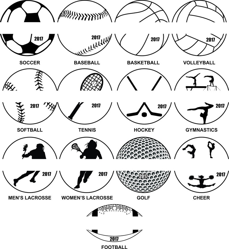 May include: Black and white illustrations of various sports, including soccer, baseball, basketball, volleyball, softball, tennis, hockey, gymnastics, men's lacrosse, women's lacrosse, golf, cheer, and football. The year 2017 is included in each illustration.
