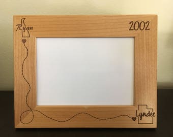 Personalized State Wedding Frame Couples Frame Long Distance Solid Wood Engraved Frame - 5th Anniversary Gift for Bride for Groom Wedding