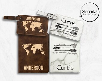 Set - Personalized Passport Holder and Luggage Tag Set, More Designs, Custom Passport Holder, Engraved Luggage Tag, Wedding Passport Cover