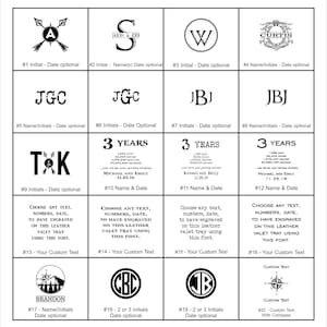 May include: A grid of customizable designs for leather valet trays. Designs include initials, names, dates, and custom text options. The image showcases various fonts and layout examples for personalized engraving on the trays.