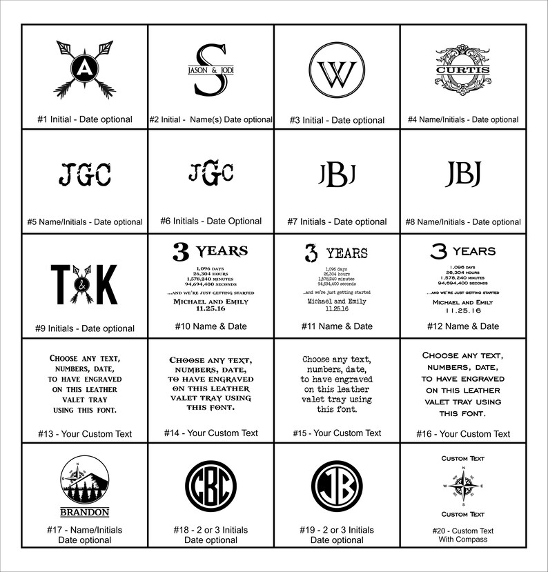 May include: A grid of customizable designs for leather valet trays. Designs include initials, names, dates, and custom text options. The image showcases various fonts and layout examples for personalized engraving on the trays.