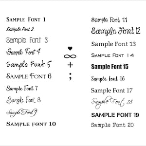 Puede incluir: Un gr&aacute;fico que muestra 20 estilos de fuente diferentes con el texto "Sample Font" seguido de un n&uacute;mero del 1 al 20. El gr&aacute;fico tambi&eacute;n incluye s&iacute;mbolos como un coraz&oacute;n, un s&iacute;mbolo de infinito, un signo m&aacute;s y un punto y coma.