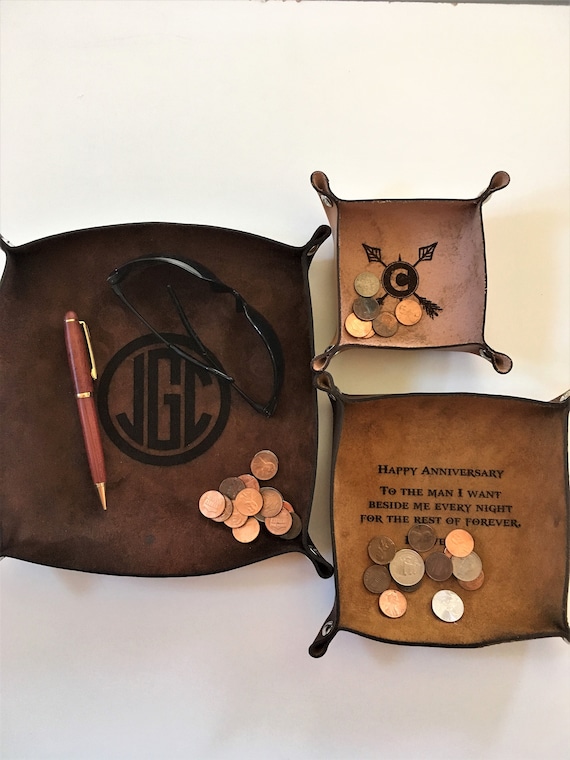 Monogrammed Valet Tray For Men Personalized Leather Catchall Engraved Leather Tray Husband Gift Office Gift Desk Organizer Desk Catch All