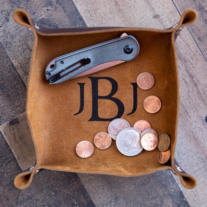 Monogrammed Valet Tray For Men Personalized Leather Catchall Engraved Leather Tray Husband Gift Office Gift Desk Organizer Desk Catch All image 4