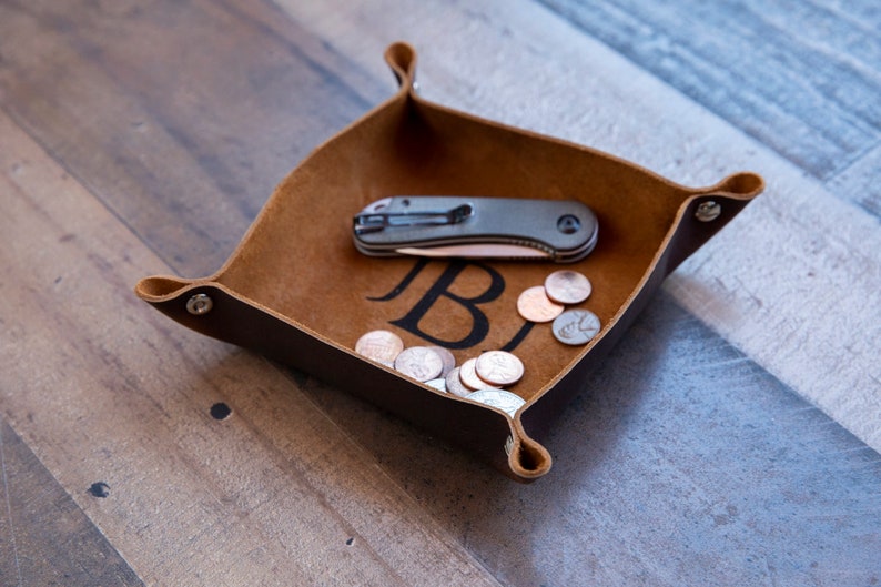 Monogrammed Valet Tray For Men Personalized Leather Catchall Engraved Leather Tray Husband Gift Office Gift Desk Organizer Desk Catch All image 5