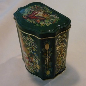 Vintage Tin Box - Exclusively Made For Avon ~ Green and Gold Tones ~Made in England - Christmas 1982 -  Tin Storage Box - Gift for Collector
