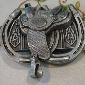 Great American Products Co Belt Buckle - Vintage Belt Buckle - Silver Tone ~Equestrian Theme ~ Saddle Buckle ~ Horse Shoes ~ Stamped 1964
