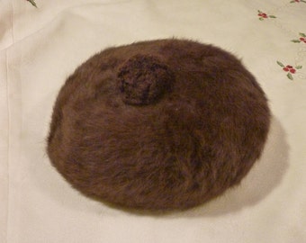 Little Brown Beret - Vintage Angora Blend Hat - Soft Brown Fur Hat - Ladies Fashionable Hat - Pop Pom on Top - So Cute On